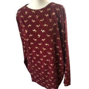 Lands End Reindeer Tee Women XL Cranberry with Gold Deer  Cotton Modal